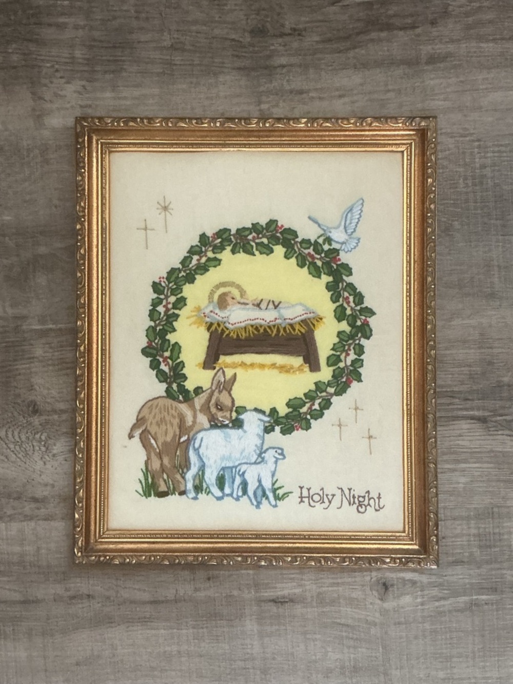 Vintage Paragon 6527 Holy Night Crewel Embroidered Gold Ornate Frame Nativity